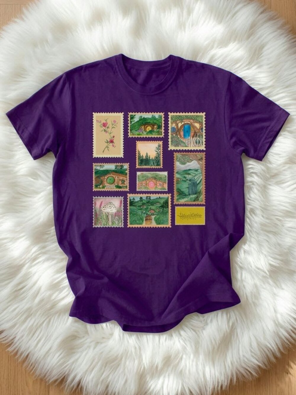 Dark Purple Bookish Nature Stamps Graphic T-Shirt Aesthetic Indie Cottagecore To